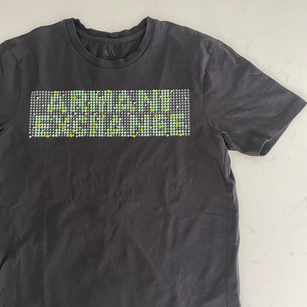 Armani Exchange Casual SS Crew Neck Cotton T Shirt Black Green w Beading Sz S - Picture 3 of 10